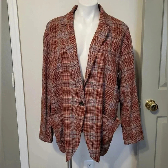 Free People Simply Plaid Linen Blend Oversized One Button Slouchy Blazer(S) - Picture 4 of 12